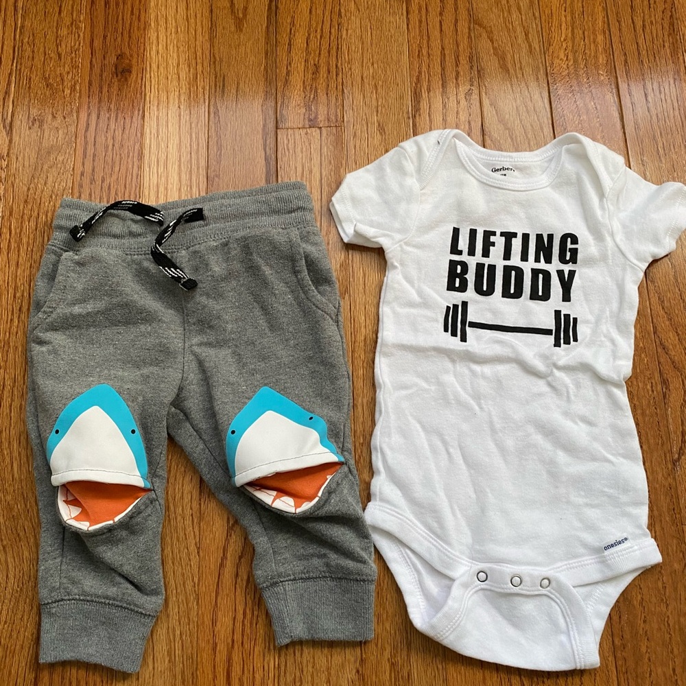 Baby infant boy 12M gerber gym bodysuit onesie & shark knee sweatpants joggers